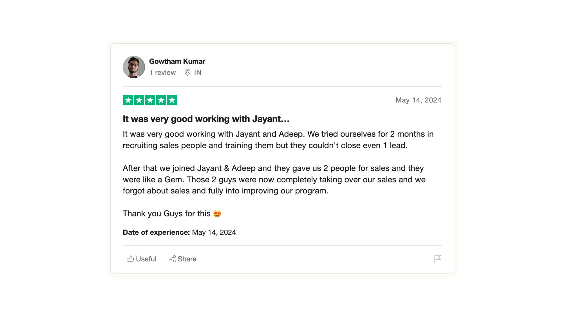 Trustpilot five-star review from Gowtham Kumar about working with Jayant on sales hiring and closing