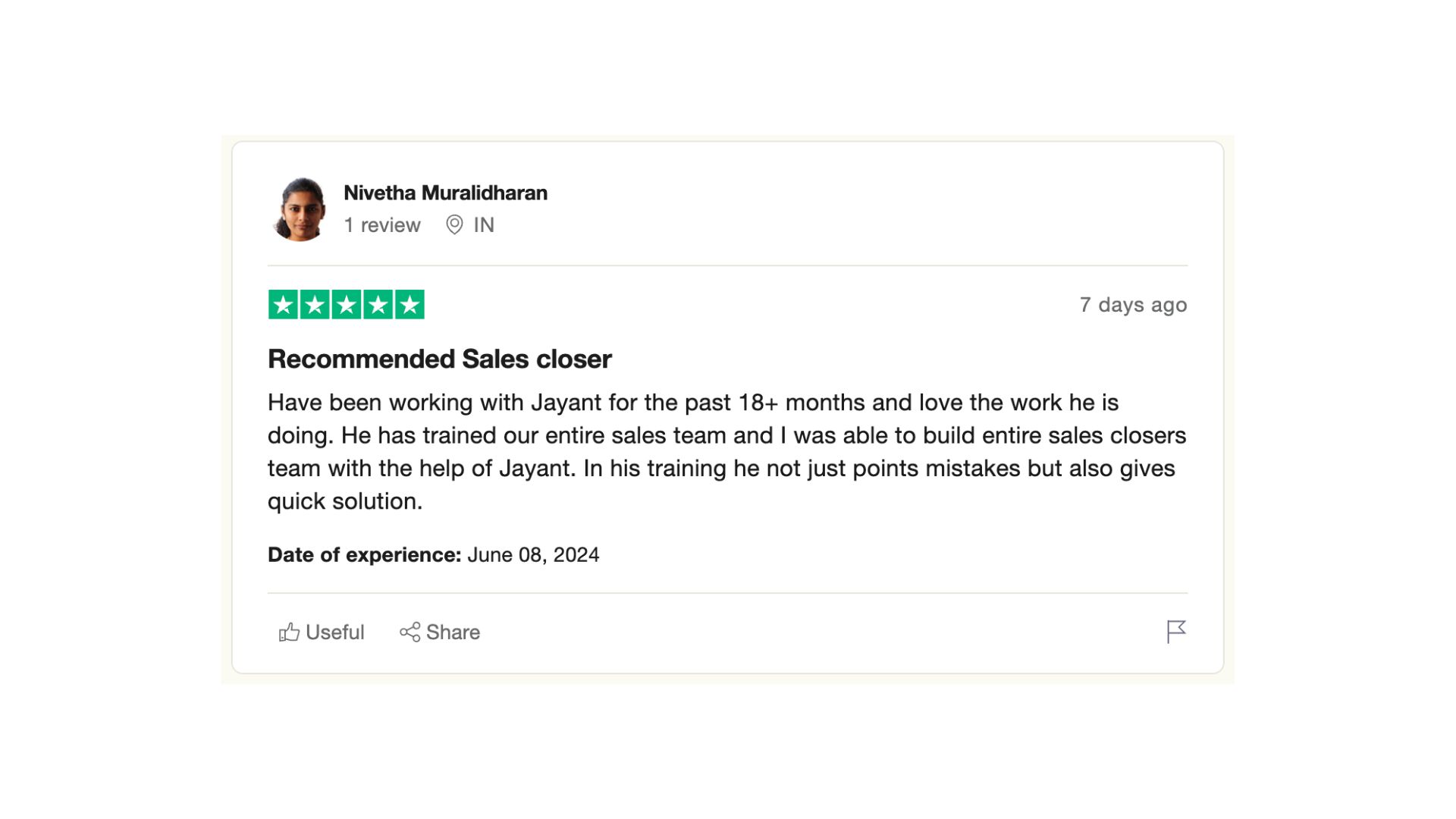 Trustpilot five-star review from Nivetha Muralidharan about Jayant training her sales team