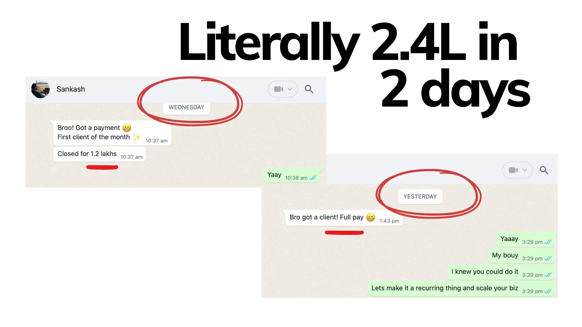 WhatsApp chat from Sankash: 1.2 lakh payment on Wednesday and another full-pay client the next day, totaling 2.4L in 2 days