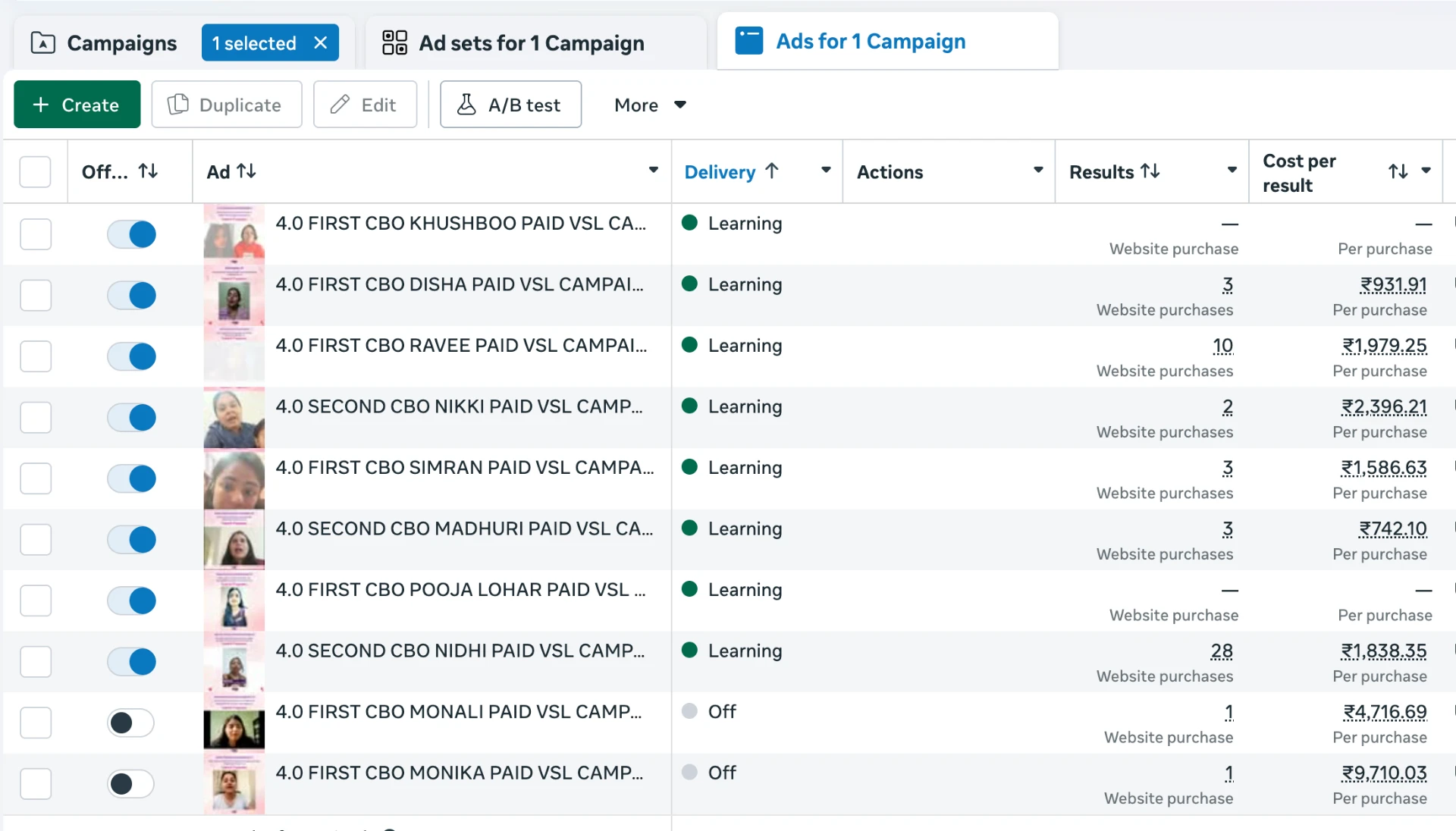 Meta Ads Manager showing VSL campaign ads with website purchases and cost per purchase
