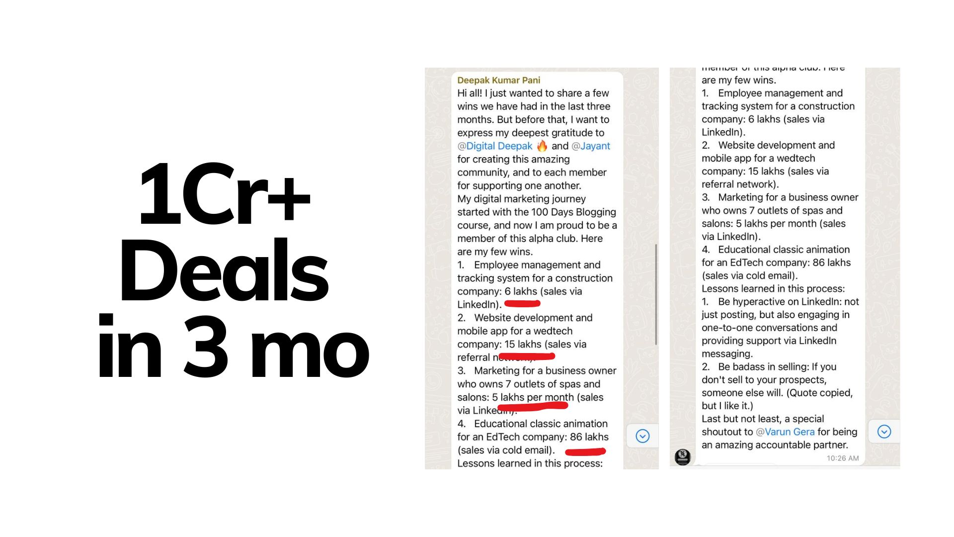 Case study slide: 1 Cr plus in deals closed in three months across construction, wedtech, spa and EdTech clients