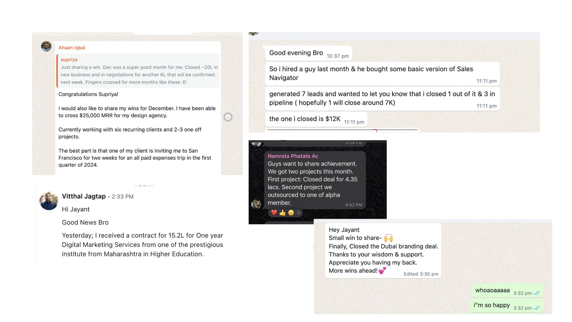 Collage of client messages: ₹15.2L contract, $25,000 MRR design agency, $12K deal closed and a Dubai branding deal