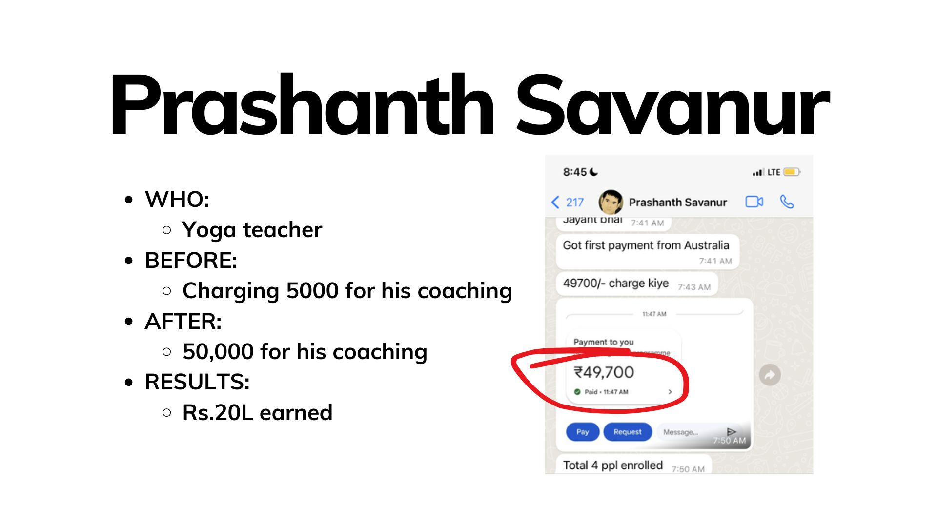 Case study slide: Prashanth Savanur, yoga teacher, went from ₹5,000 to ₹50,000 coaching fees and earned ₹20L