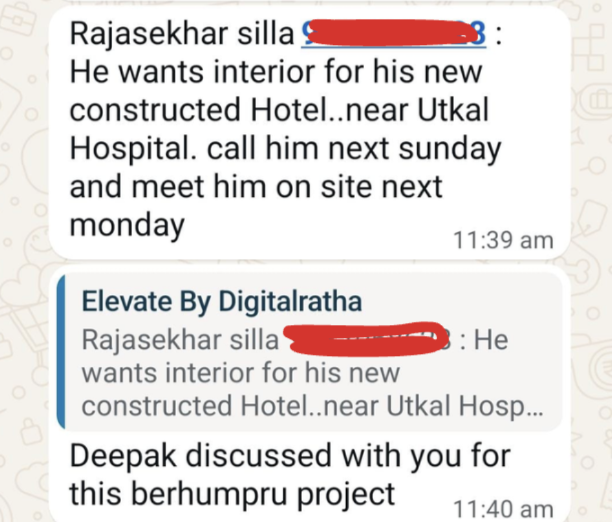 WhatsApp message about a hotel interior lead near Utkal Hospital with a site visit scheduled