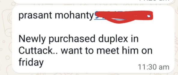 WhatsApp message about a lead who newly purchased a duplex in Cuttack and wants to meet on Friday