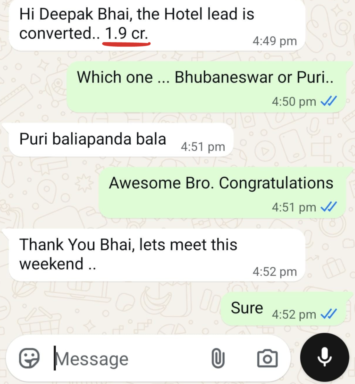 WhatsApp message from a client: the hotel lead is converted, 1.9 crore
