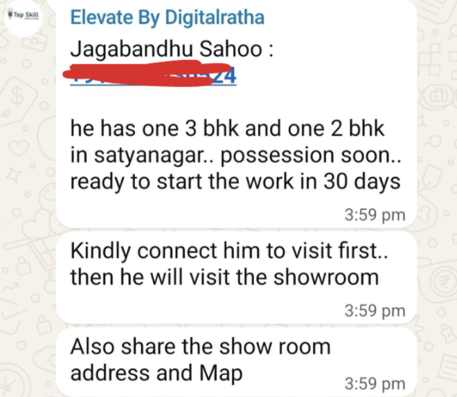 WhatsApp message about a lead with a 3 BHK and 2 BHK in Satyanagar ready to start work in 30 days